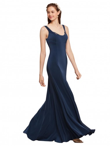 Discount Low Back Round Neck Stretch Crepe Dark Navy Long Evening Dresses UK