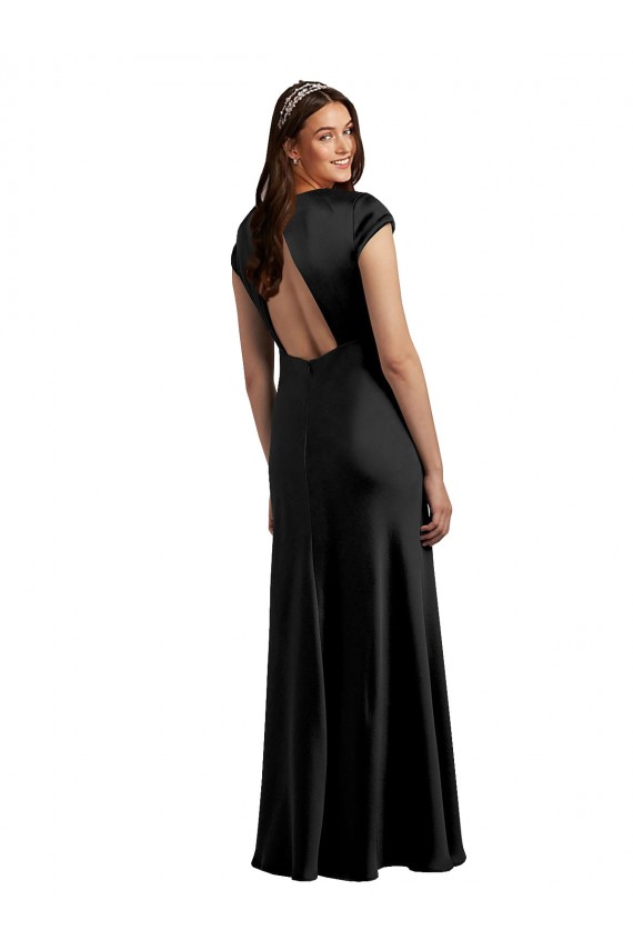 Discount Keyhole Back V-Neck Stretch Satin Black Long Evening Dress UK