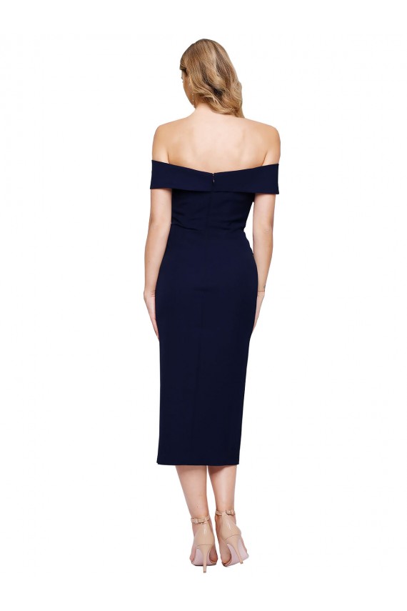 Discount Off the Shoulder Stretch Crepe Dark Navy Midi Length Wedding Guest Dress UK