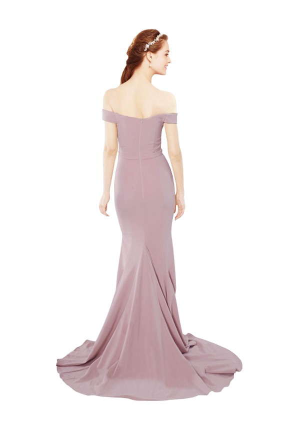 Discount Off the Shoulder Stretch Crepe Dusty Pink Sweep Train Sexy Evening Dress UK