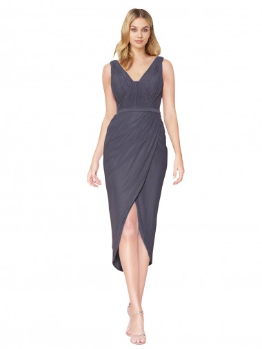 Discount V-Back V-Neck Soft Chiffon Slate Grey Cocktail Length Evening Dress UK
