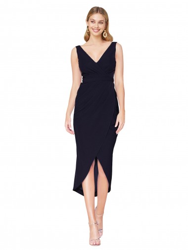 Discount V-Neck Stretch Crepe Dark Navy Knee Length Wedding Party Dress UK