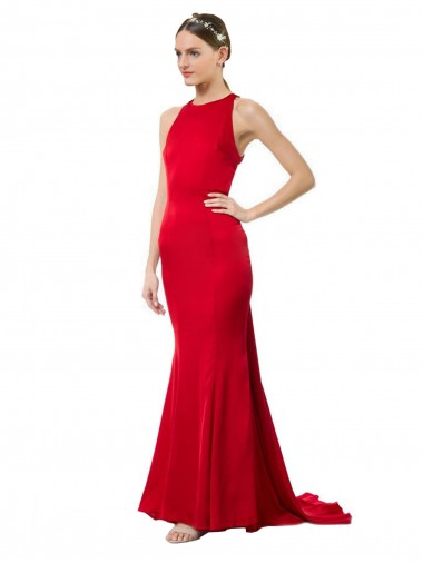 Discount Open Back Halter Neck Stretch Crepe Red Long Maxi Evening Dress UK