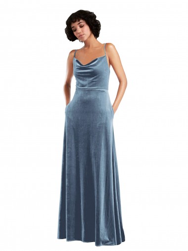 Discount Open Back Cowl Neck Stretch Velvet Dusty Blue Long Maxi Evening Dress UK