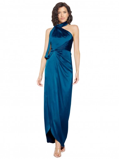 Discount Halter Neck Silky Satin Peacock Blue Long Evening Dress UK
