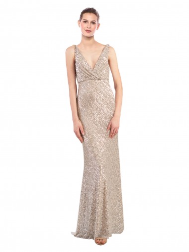 Discount V-Back V-Neck Sparkling Sequin Silver Long Evening Dress UK