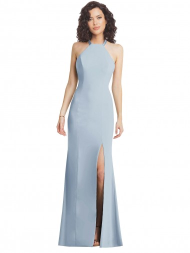 Discount Open Back Halter Neck Stretch Crepe Light Sky Blue Long Maxi Evening Dress UK